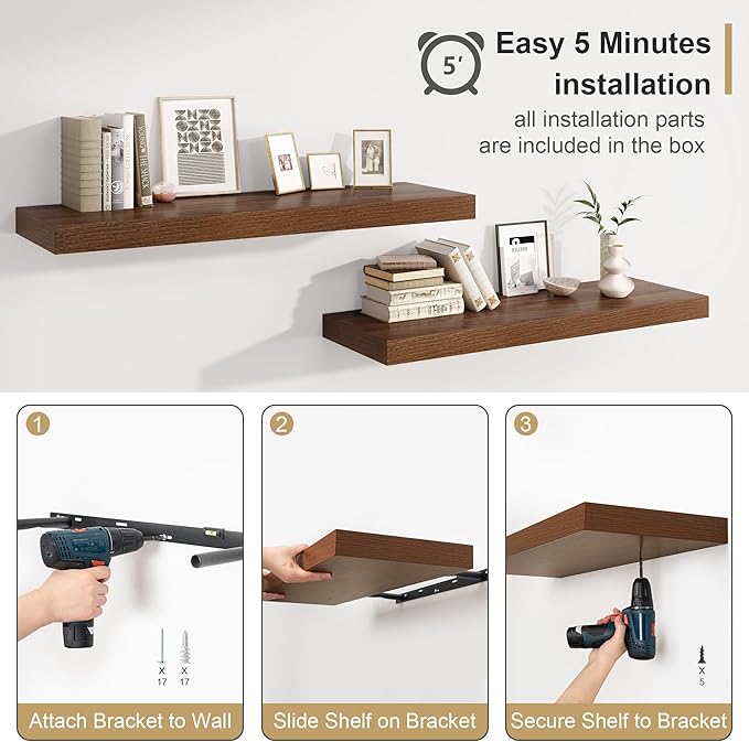 12" Deep Walnut Floating Shelves, Over Toilet Long Wall Mounted Modern - Image 8