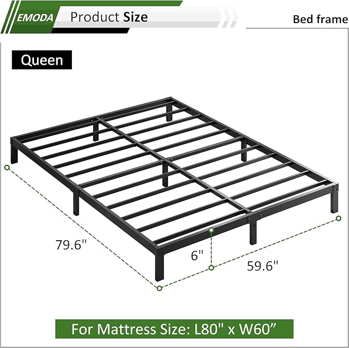 EMODA Queen Bed Frame No Box Spring Needed 6 Inch Heavy Duty Metal Platform - Image 3