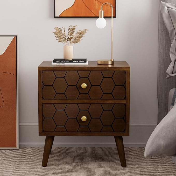 COSIEST Modern End Table w Honeycomb Pattern, Mid-Century Nightstand w Storage - Image 7