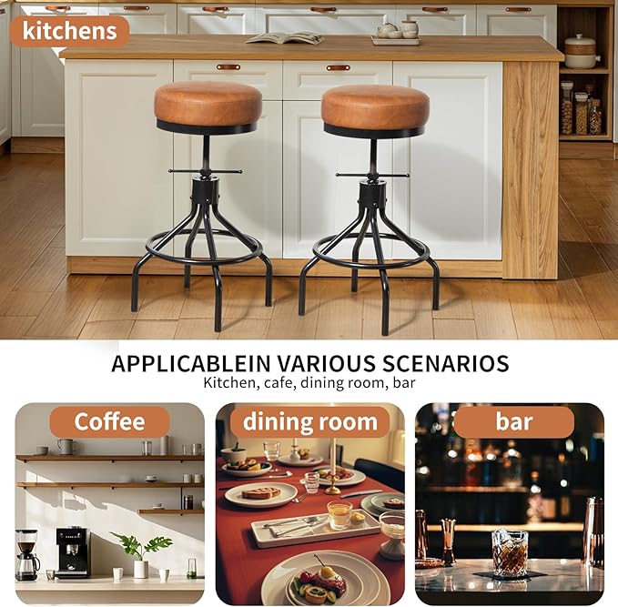 Industrial Bar Stools Set of 3 Adjustable Swivel Barstools Modern PU Leather - Image 4