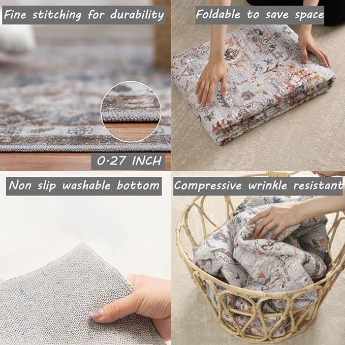 Area Rug 6x9 Washable Rug Dark Brown Vintage Traditional Distressed Thin Retro - Image 4