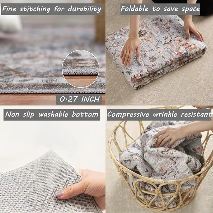 Area Rug 8x10 Washable Rug Taupe Vintage Traditional Mat Distressed Indoor - Image 5