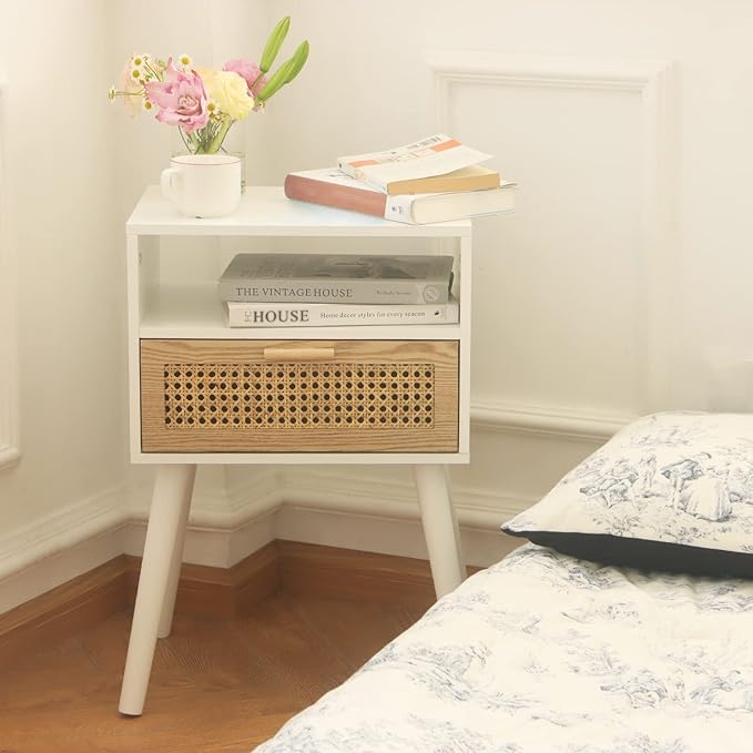 MaxSmeo Nightstand with Charging Station, Bedside Tables with Rattan Drawer - Image 9
