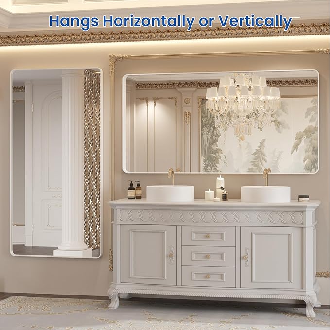 WEER White Bathroom Mirror 60X30 Inch, Rounded Rectangle White Metal Frame - Image 5