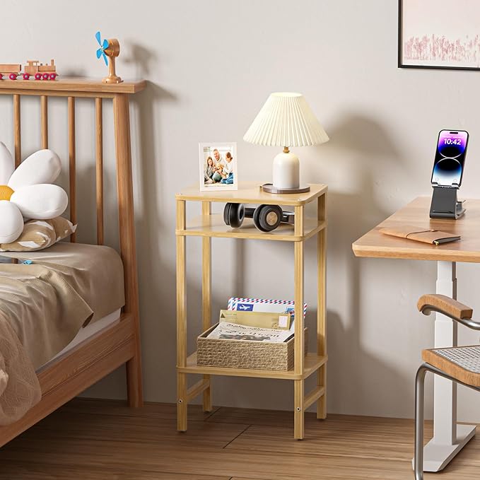 28in Tall Bamboo Side Table Set of 2, 3-Tier Small Narrow End Table - Image 5