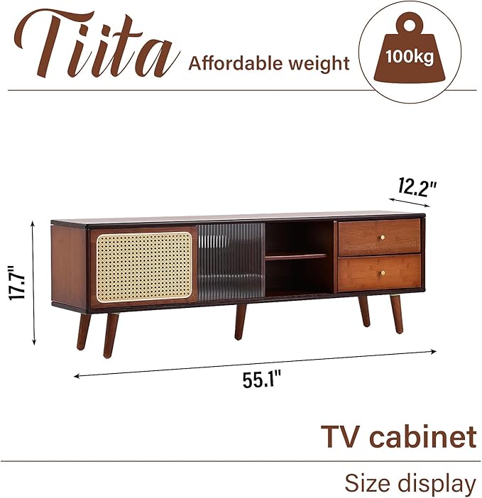 Tiita TV Stand with Storage for TVs up to 65'', Bamboo Rattan TV Console - Image 2