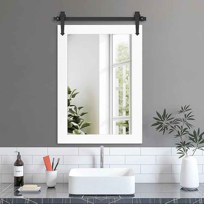 Farmhouse Bathroom Mirror for Over Sink 22”x32” Wood Frame Rustic Barn Door by Menscha