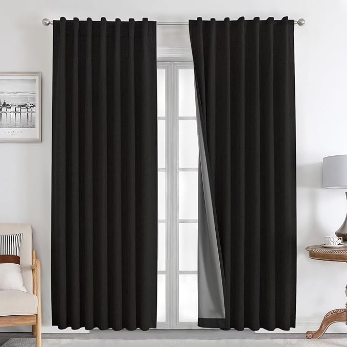 Joydeco Natural Linen Curtains 108 inch Length 2 Panels Set Burg 100% Blackout by JOYDECO