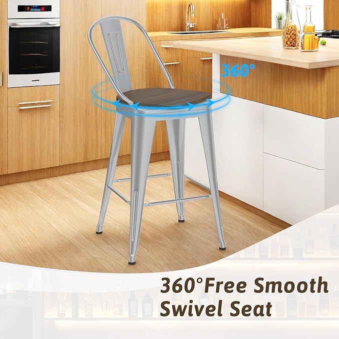 30” Swivel Bar Stools Set of 4, Counter Height Bar Stools Wooden Seat, Metal - Image 7