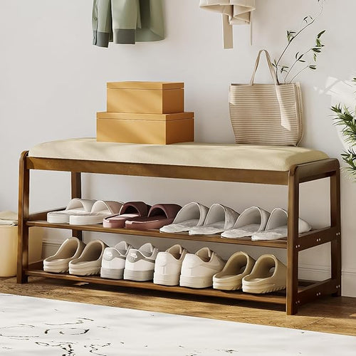 2-Tier Bamboo Shoe Bench with Cushion and Hidden Drawer, Entryway Shoe Rack by Welfuturer