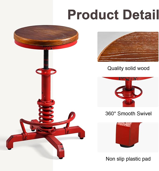 Topower Industrial Retro Vintage Farm Wooden Seat Tractor Stool Kitchen Swivel - Image 5