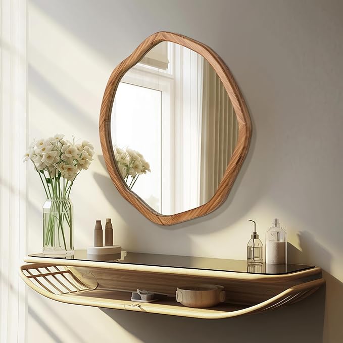 ULIKE Round Wood Mirror 24 Inch Circle Wall Mirror, Asymmetrical Bathroom - Image 3