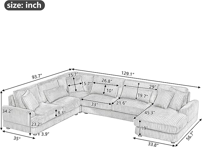 129" Oversized U Shaped Modular Sectional Sofa Couch - Image 7