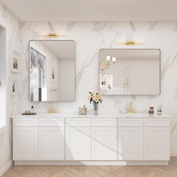28x32 Silver Bathroom Mirror for Wall, Brushed Metal Framed Bathroom Vanity - Image 5