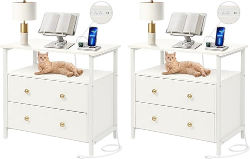 27 inch Wide Nightstand with Charging Station, Bedside Table with Open Shelf by Edbuosy