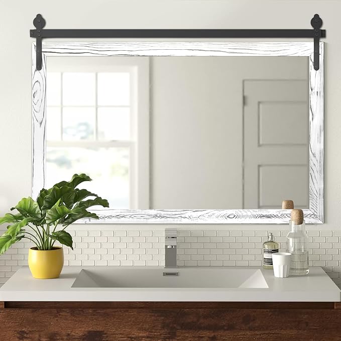 YOSHOOT Farmhouse Barn Door Mirror, Wall Mounted Vintage Mirror, Wooden by YOSHOOT