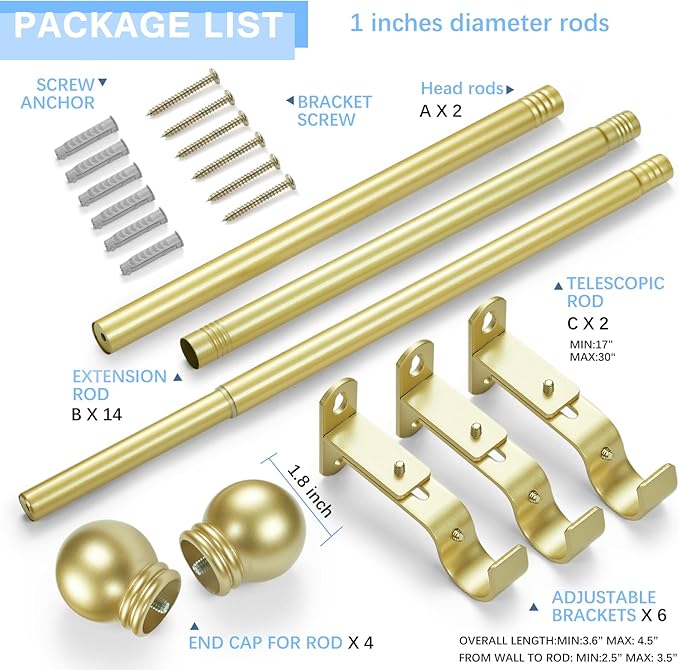 Curtain Rods for Windows 16 to 136 Inches, Curtain Rod Max Adjustable Length of - Image 3
