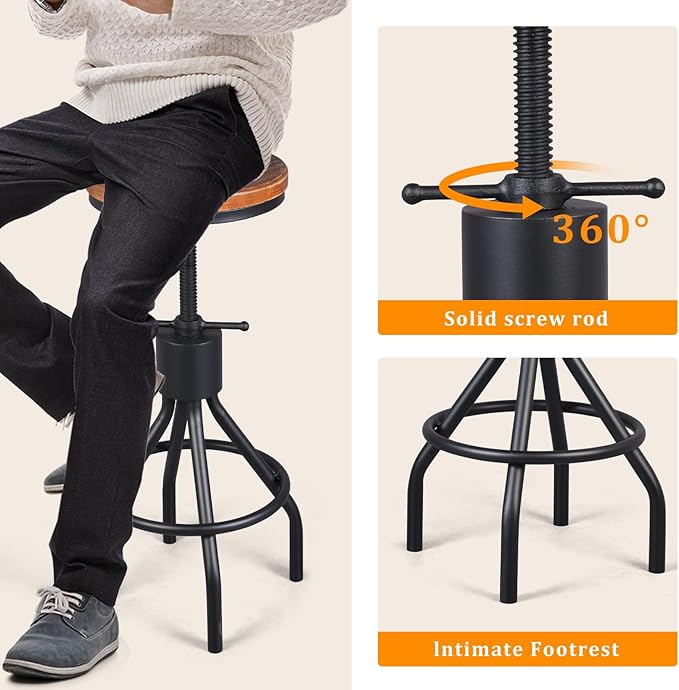 Diwhy Industrial Vintage Kitchen Counter Height Adjustable Bar Stool, Farmhouse - Image 7