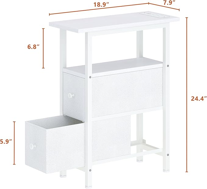 End Table Set 2 with Charging Station, Narrow Side Table with 2 Fabric Drawers - Image 3