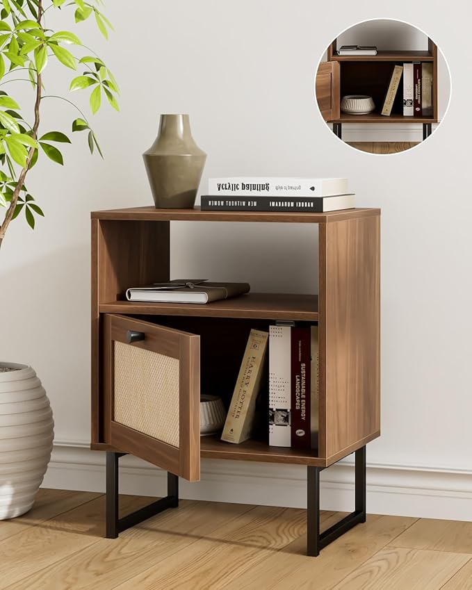 Rattan Nightstand, Mid Century Modern Night Stand, Boho Farmhouse Wood Bedside - Image 4