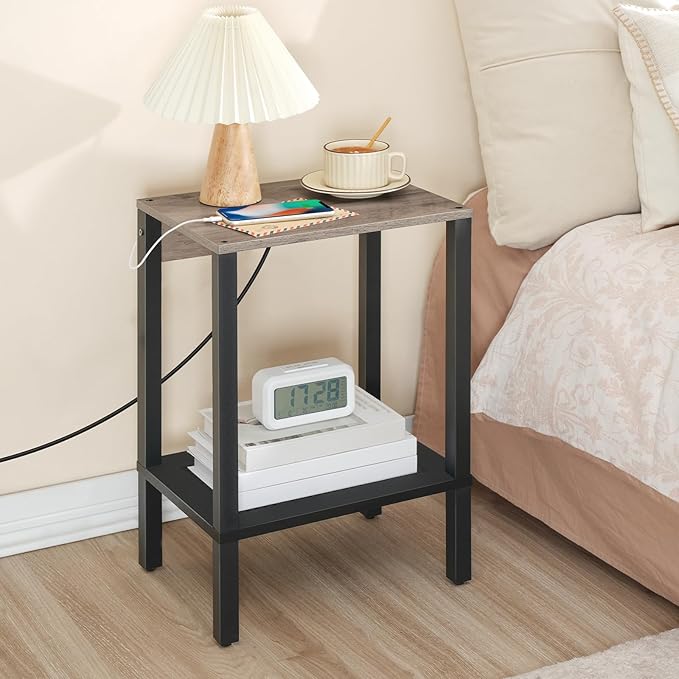 HOOBRO Side Table with Charging Station, Nightstand with 2-Tier Storage Shelf - Image 9