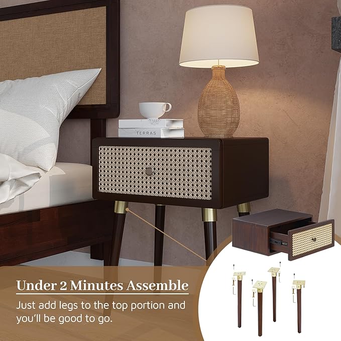 Bme Nipe Solid Wood and Rattan Nightstand, Fully Assembled, Woven Cane End Table - Image 6