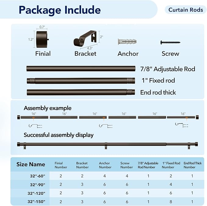 2 Pack Curtain Rods for Windows 72 to 144 Inch, 1 Inch Bronze Curtain Rods Set - Image 6