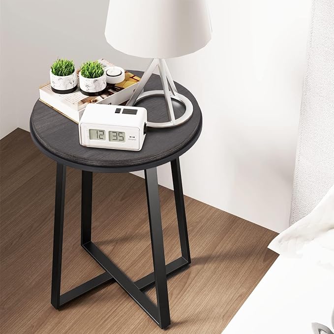 Round End Table, Small Side Table Grey Color MDF Top, Metal Frame Black - Image 6