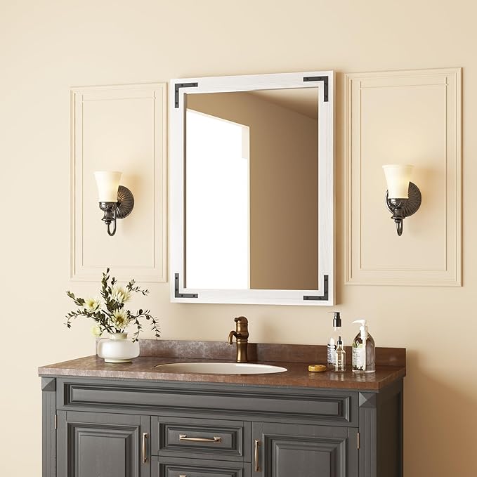VocalStar White Wood Framed Mirror 22 x 30 Inch, Rustic Natural White Wooden - Image 2