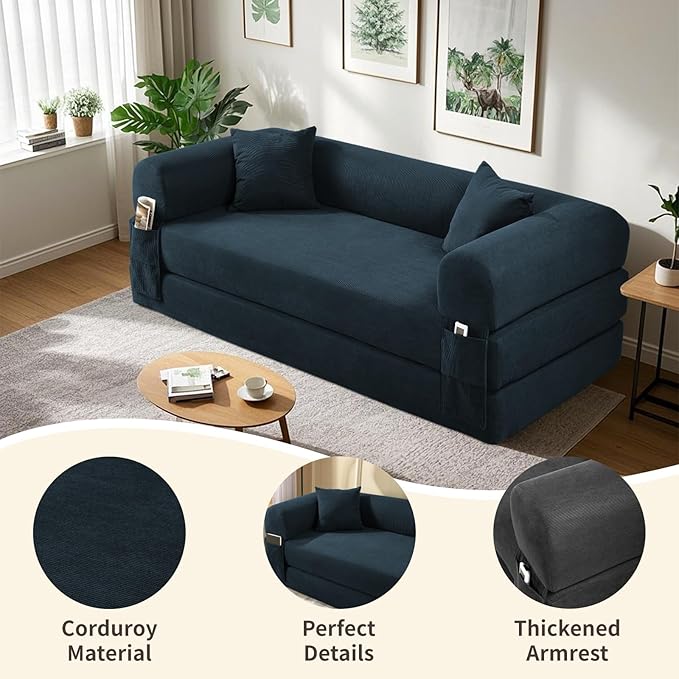 80" Convertible Sofa Bed, Corduroy Deep Seat Folding Pull Out Couch - Image 4