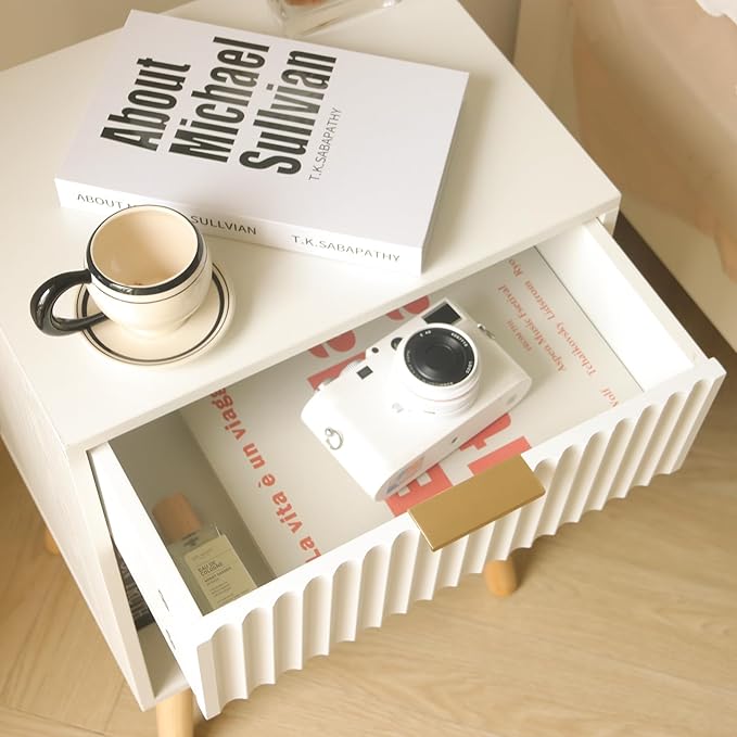 White Nightstand with Charging Station, Mid Century Modern Bedside Table with - Image 7