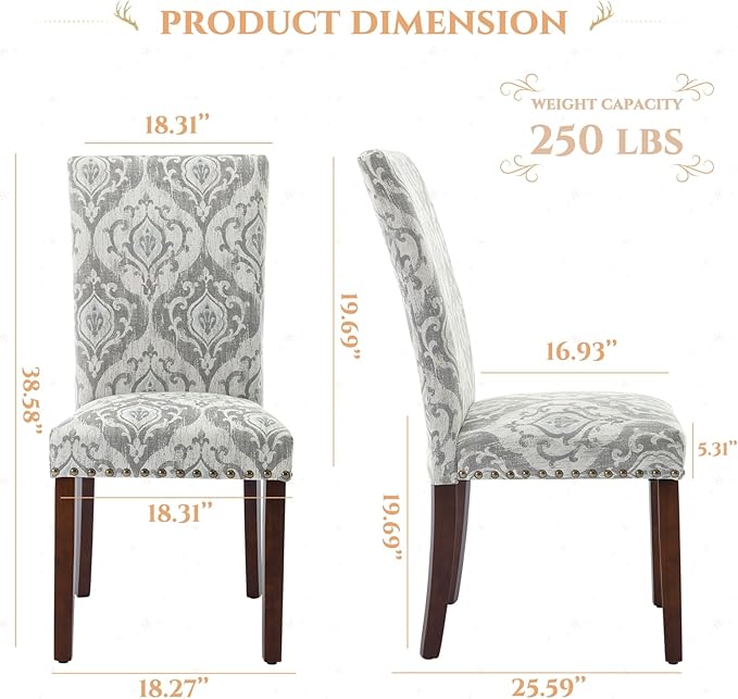Parsons Dining Chairs Set of 2, Upholstered Nailhead Dining Room Kitchen Side - Image 3