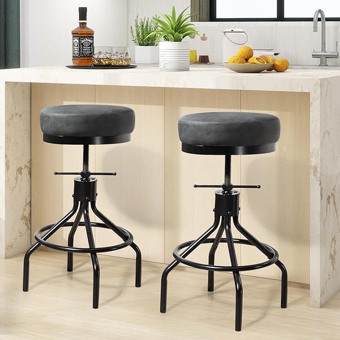 Swivel Bar Stools Adjustable Industrial Barstools Metal Modern PU Leather - Image 8