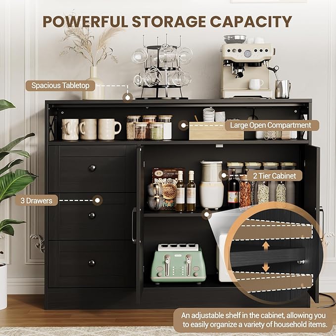 47inch Farmhouse Buffet Sideboard Cabinet, Wood Cupboard Storage Pantry Cabinet - Image 4