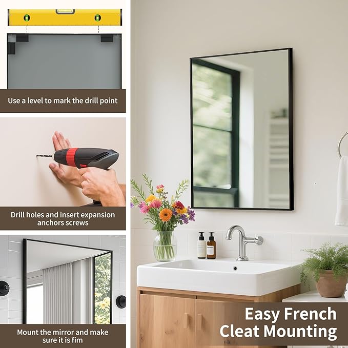 Matte Black Mirror, 24x32 Inch Aluminum Framed Rectangle Mirror, Tempered Glass - Image 7