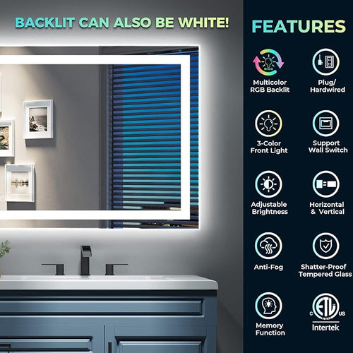 24x32 Inch RGB LED Bathroom Mirror Front Light and RGB Backlit Lighted Vanity - Image 2