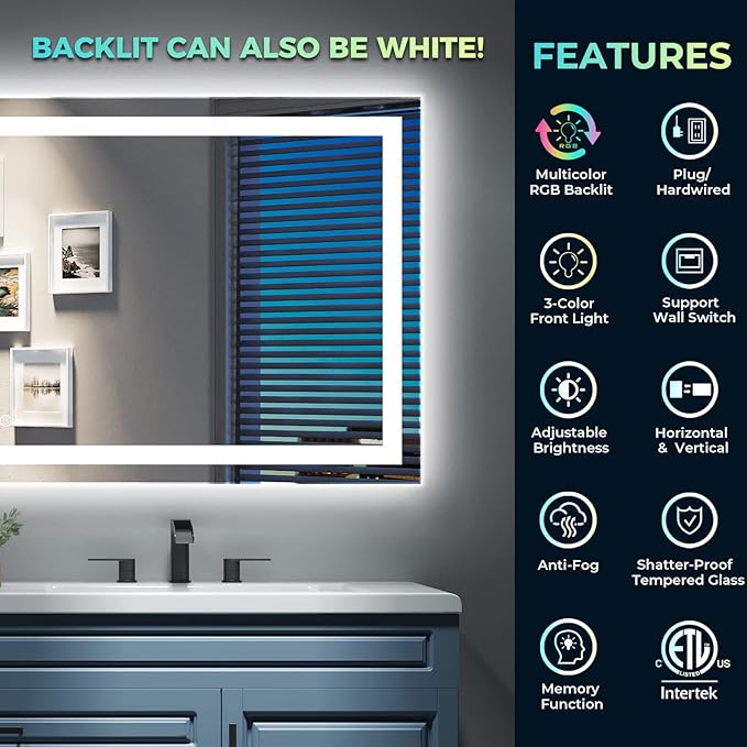 60x36 Inch RGB LED Bathroom Mirror Front Light and RGB Backlit Lighted Vanity - Image 2