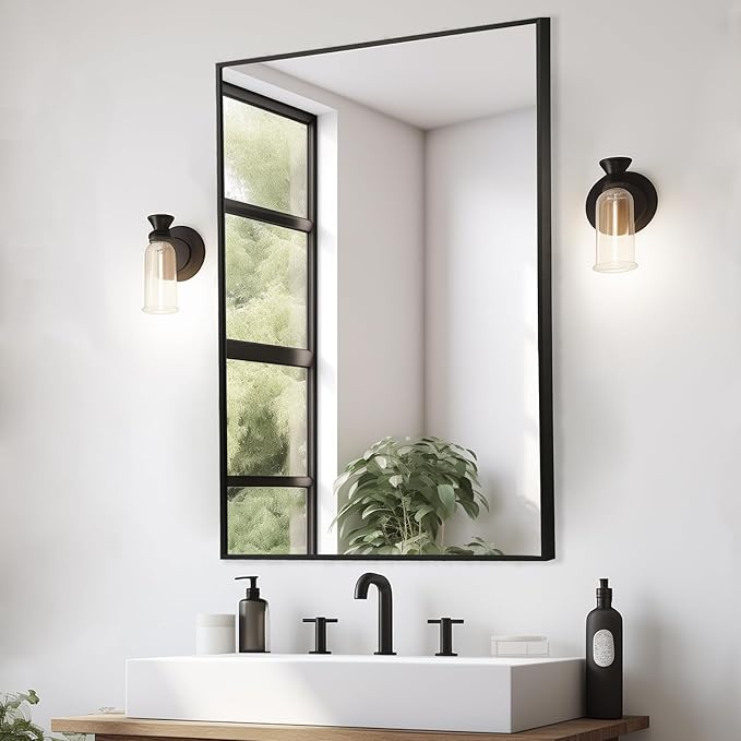 Black Bathroom Mirror, Matte Black Mirror, Metal Frame Square Corner Vanity - Image 2