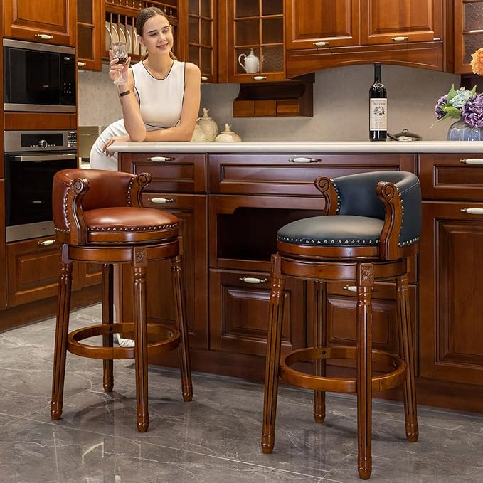 Cow top Leather Wooden Bar Stools, 180 Degrees Swivel Barstools Chair - Image 2