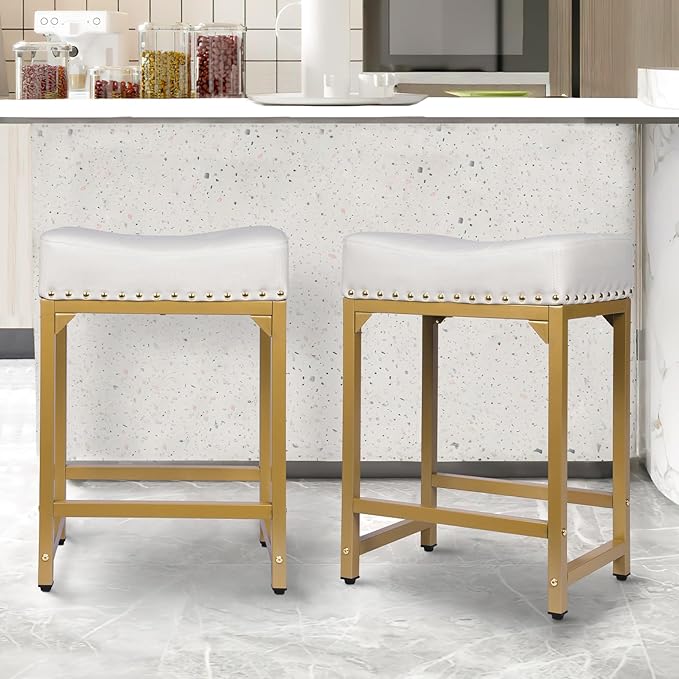 White & Gold Counter Height Bar Stools Set of 3, Modern Counter Stool Set of 3 - Image 8