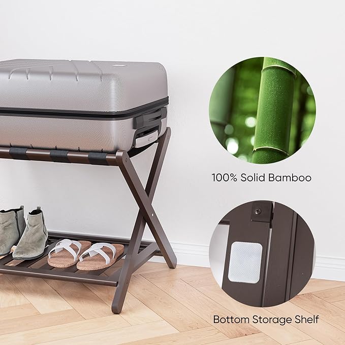 Fully Assembled Bamboo Luggage Rack, Folding Suitcase Stand - Image 2