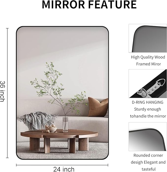 Black Bathroom Mirror, Rectangle 24 x 36 Inch Vanity Wall Mirror, Modern Mirror - Image 5