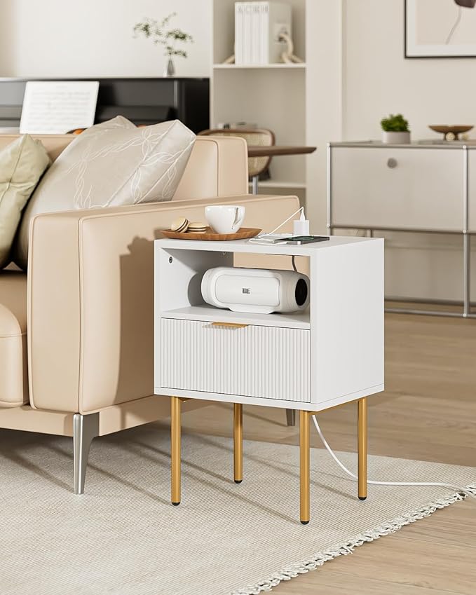 Nightstand with Charging Station, Morden Bedside Table with Gold Frame - Image 4