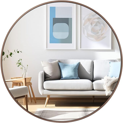 28 inch Round Bronze Mirror, Brushed Metal Framed Circle Wall Mirror by UMZODO