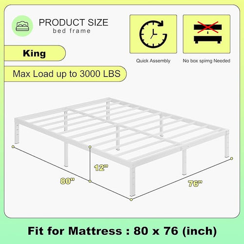 12 Inch White King Size Bed Frame, Heavy Duty King Size Platform Bed Frame - Image 2