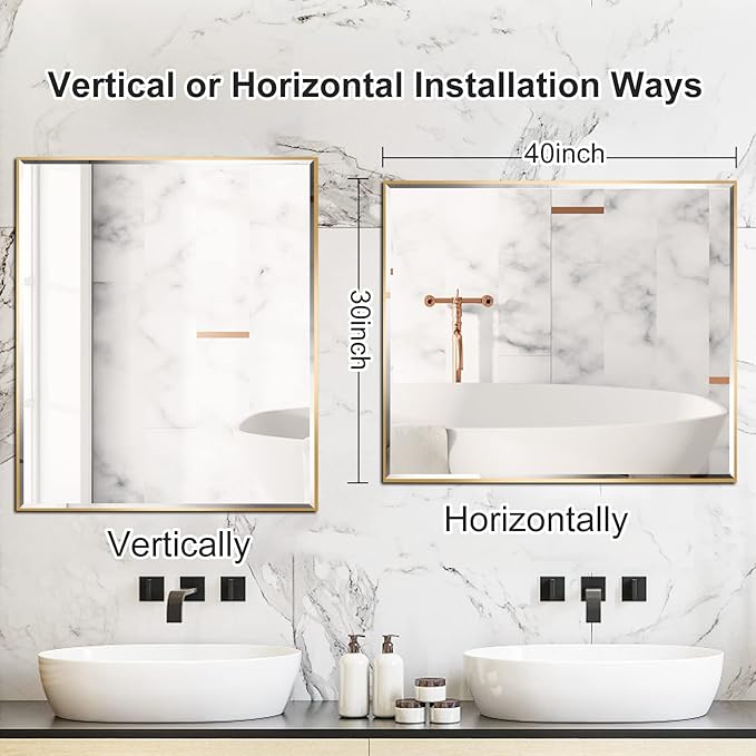 30x40 Inch Gold Mirror with Beveled Trim, Aluminum Frame Bathroom Vanity Mirror - Image 4