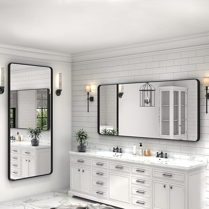 60x28 Black Framed Bathroom Mirror, Large Matte Black Bathroom Vanity Mirror - Image 5