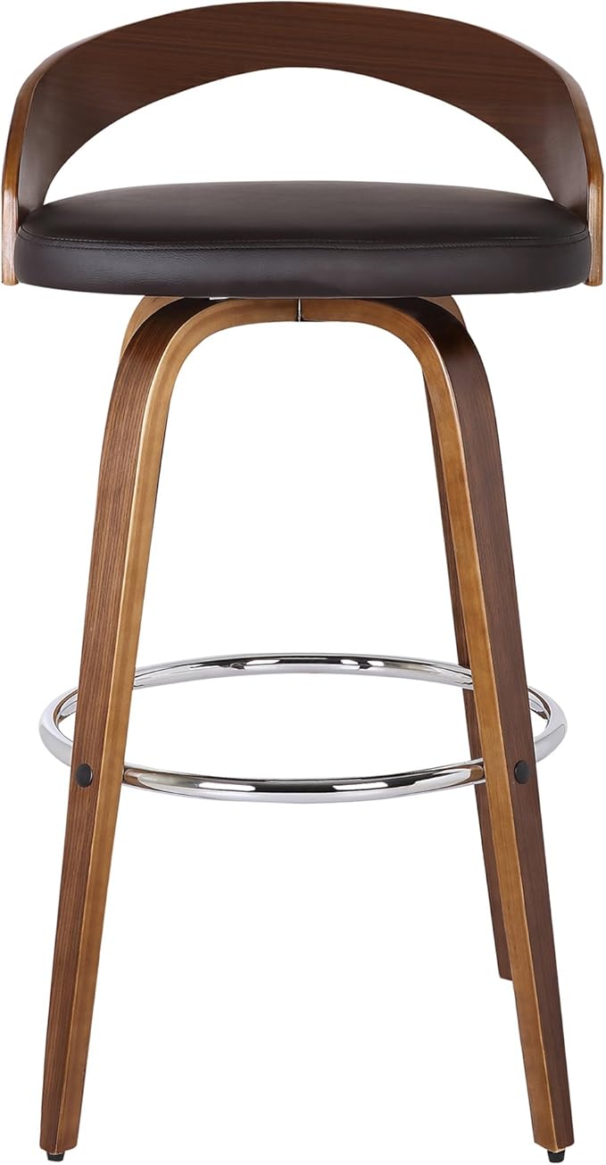 Armen Living Sonia 30" Bar Height Swivel Brown Faux Leather and Walnut Wood Bar - Image 3