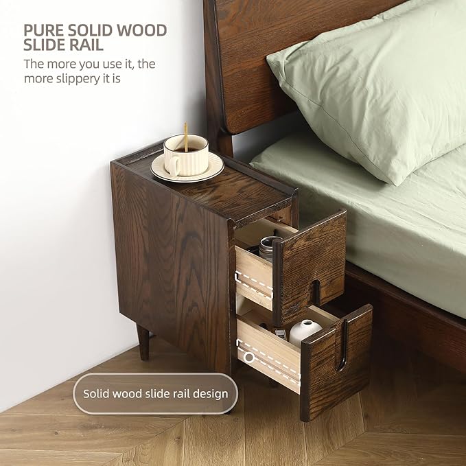 Solid Wood Bedside Table Nightstands, Slim Narrow Oak Real Wooden Mid-Century - Image 7