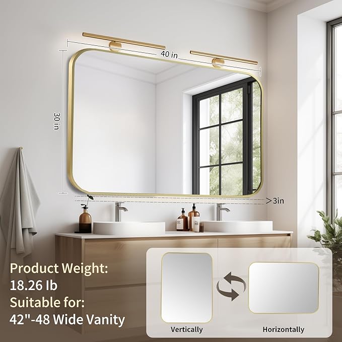 Gold Bathroom Mirror, 40x30 Inch Aluminum Frame Rectangle Mirror, Tempered Glass - Image 7